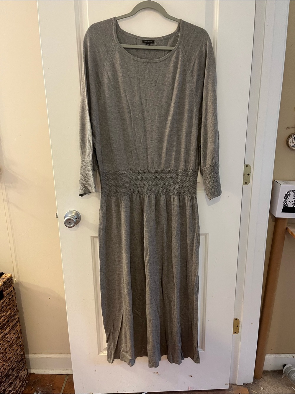 Ann Taylor Gray Knit Smocked-Waist Midi Dress